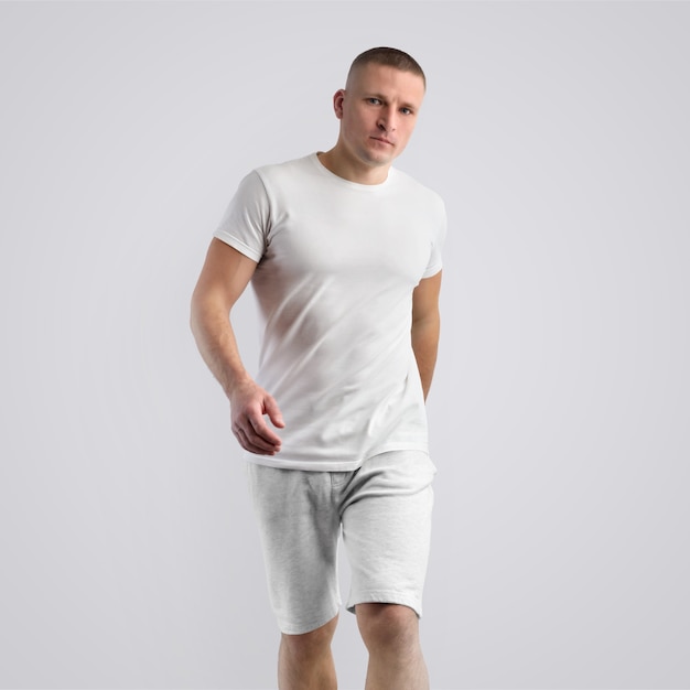 Attractive caucasian young man  in a blank T-shirt and knitted grey shorts on a white studio background. Frontal pose. Template can be use in your design.