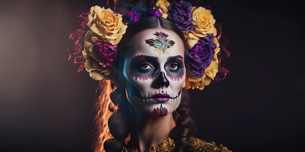 Attractive caucasian young woman with day of the dead make up Vividcolor background AI Generated