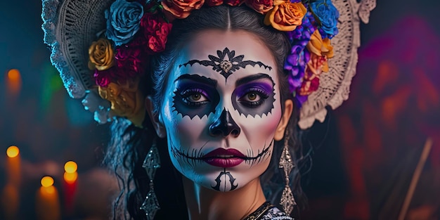 Attractive caucasian young woman with day of the dead make up Vividcolor background AI Generated