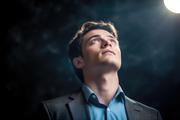 Attractive Caucasion Young Adult Man Looking Up with Emotional Face and Beautiful Background