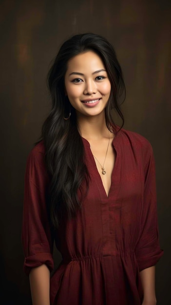 AI가 생성한 명랑한 얼굴과 눈을 가진 매력적이고 매력적인 아시아 여성
