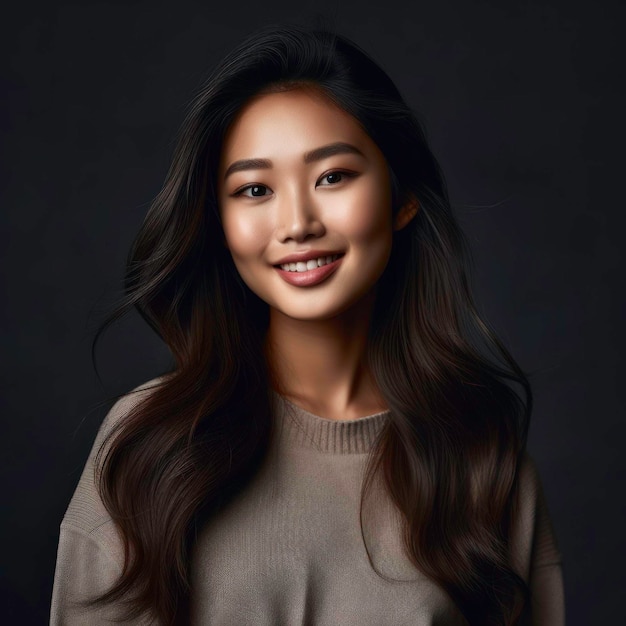 AI가 생성한 명랑한 얼굴과 눈을 가진 매력적이고 매력적인 아시아 여성