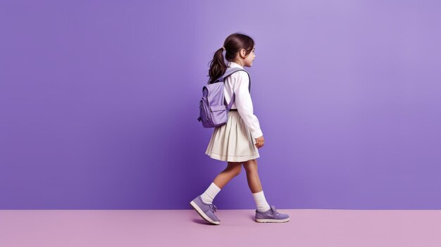 Attractive cheerful schoolchild in profile ready for school