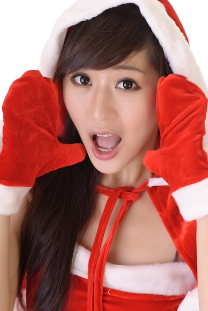 Attractive Christmas lady of Asian with surprised expression.