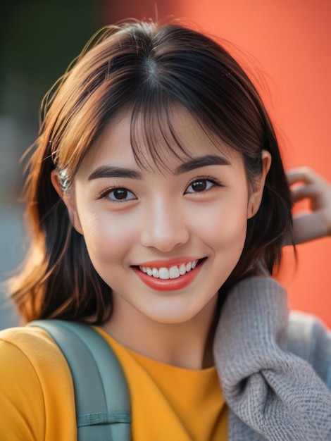Attractive and confident smiling young Asian woman close up portrait