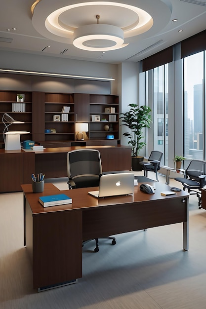 Attractive corporate office desk with laptop and other stuffs