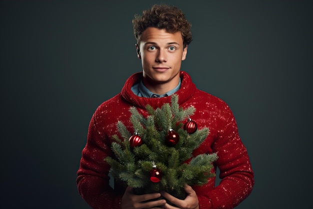 最小限の色の背景に紙吹雪のクリスマス ファッション セーターを着た魅力的なカップル