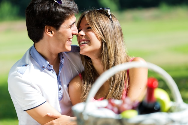 Foto coppie attraenti sul picnic romantico in campagna.