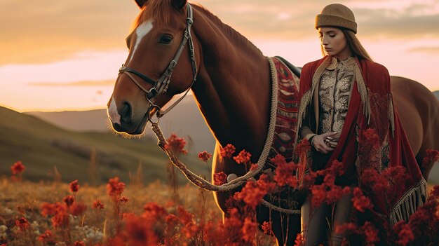 Photo attractive cow girl with horse in the field