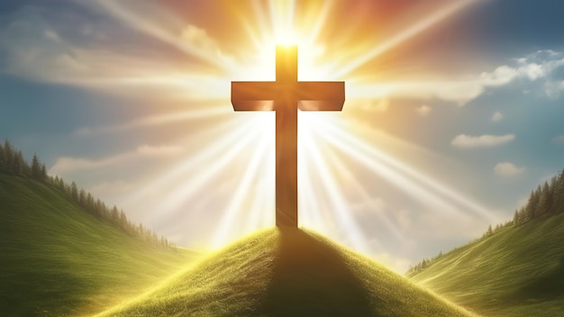 Attractive The cross of God in the rays of the sun Cross on the hill Religious concept