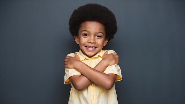 Photo attractive cute cool afro american little boy dressed in yellow shirt crossing arms on his chest an