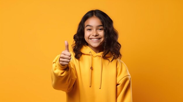 An attractive cute girl giving thumb up on yellow background