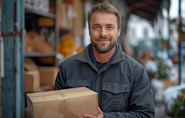 attractive delivery man in uniform holding a card box and mailing a parcel to a customer at home with excellent service