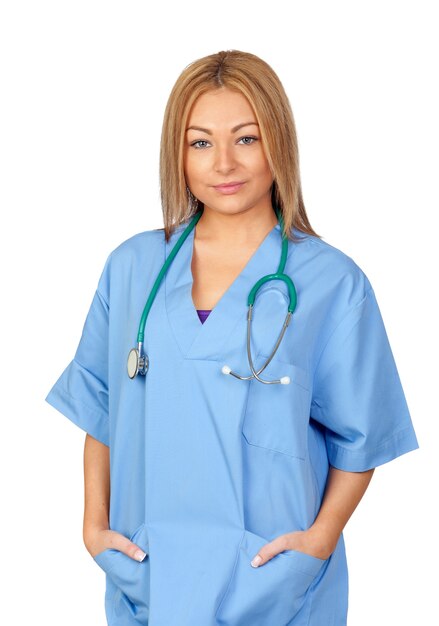 Attractive doctor with blue uniform isolated on white background