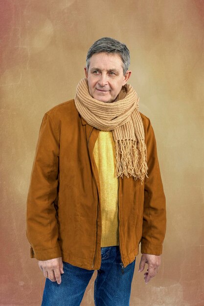 Attractive elderly man elegantly dressed in sweater jacket and scarf