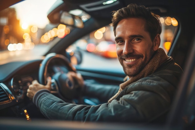 Photo attractive elegant happy man in good car