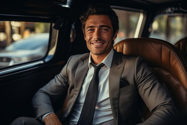 Attractive elegant happy man in good car