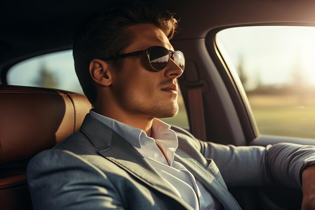 Attractive elegant happy man in good car