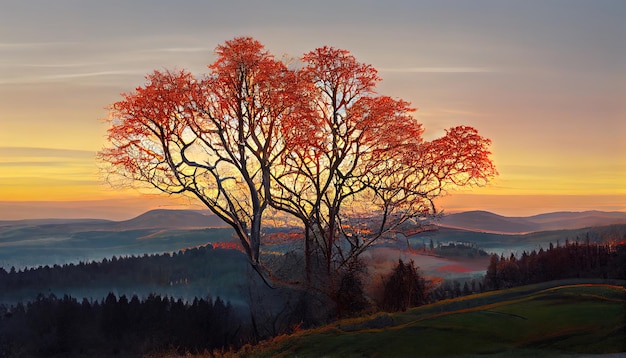 Attractive European Beech Fagus sylvatica at dawn on the Schauinsland with view of the Belchen Generative Ai