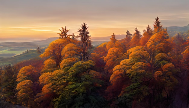 Attractive European Beech Fagus sylvatica at dawn on the Schauinsland with view of the Belchen Generative Ai