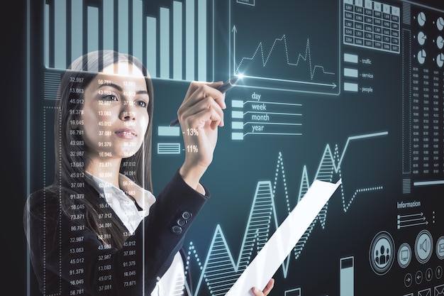 Attractive european businesswoman with business interface