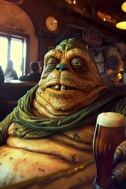 Foto un attrattivo personaggio di cartoni animati grasso è seduto in un bar con un bicchiere di birra illustrazione 3d