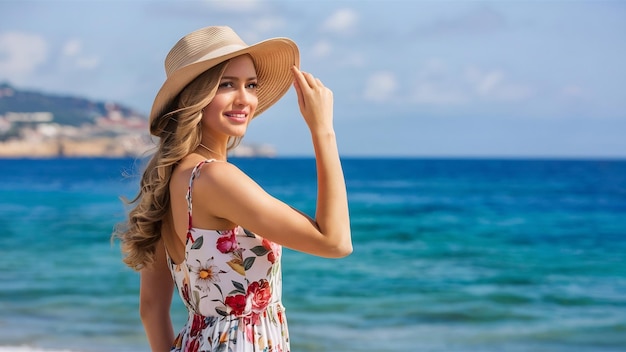 Attractive female in a floral dress and a hat captured by the beautiful sea in spain