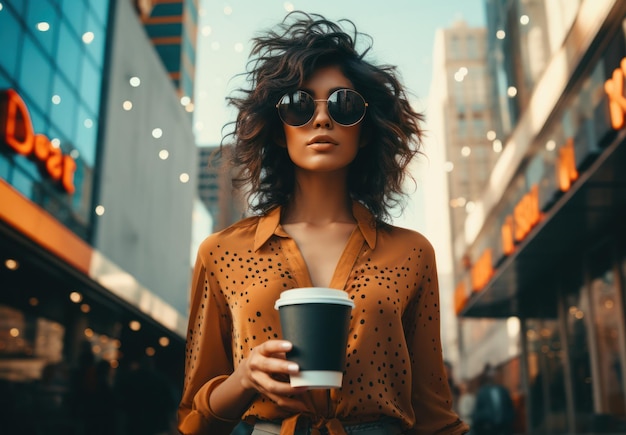 An attractive female intern with a coffee heading to the office