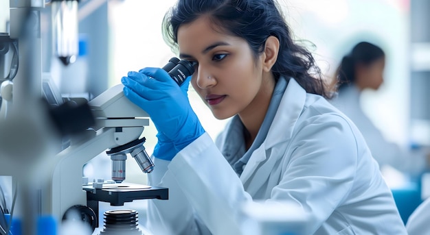 An attractive female scientist wearing blue gloves and a white lab coat looking through microscope