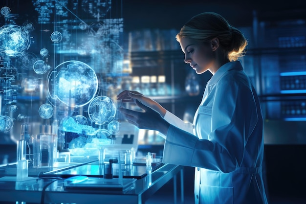 실험실에서 일하는 매력적인 여성 과학자 혼합 매체 혼합 매체 과학 및 의학의 혁신적인 기술 AI 생성