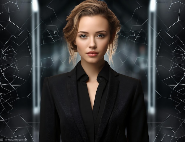 Привлекательная женщина-шпион, секретный агент, одетая в жену-злодейку, брюнетку, черный фон