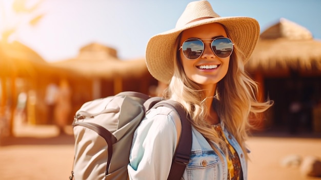 Photo attractive female tourists on hand have a passport and backpack