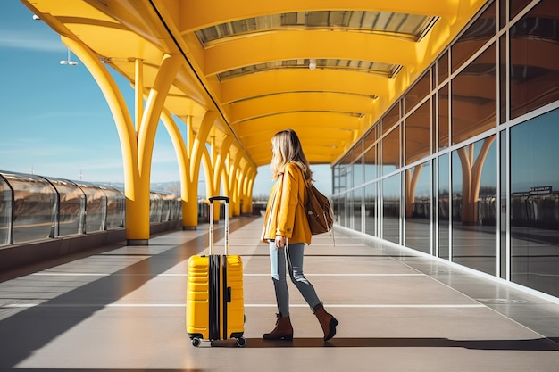 Attractive female traveler walking with a yellow suitcase at the modern transport stop outdoors