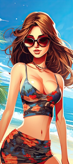 An attractive female wear bikini and sunglasses tropical beach illustration