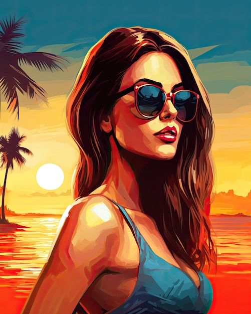매력적인 여성 착용 비키니와 선글라스 열대 해변 그림