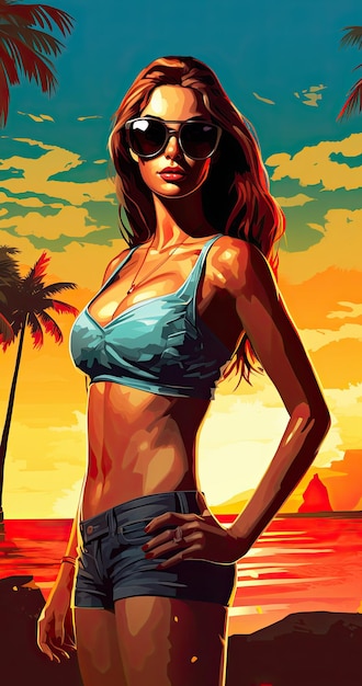 An attractive female wear bikini and sunglasses tropical beach illustration