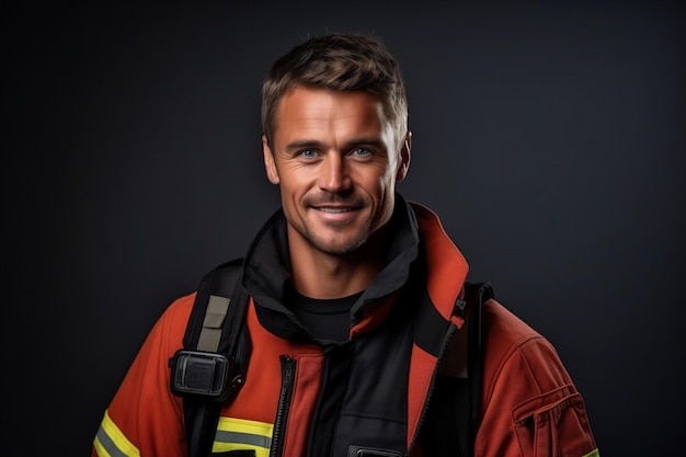 Photo attractive fireman posing with confidence on grey background
