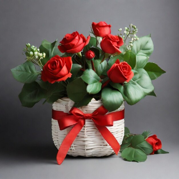 Attractive and fresh flowers in wicker basket and isolated on background