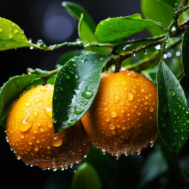 사진 나무 에 물 한 방울 이 있는 매력적 인 신선 한 오렌지 과일