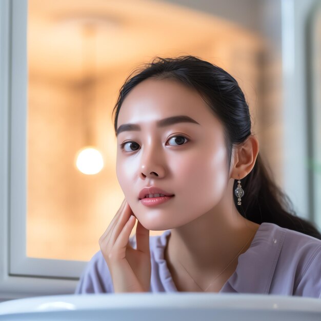 Attractive freshness asian woman clean face fresh water with care look to mirror in bathroom home