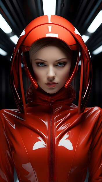 미래주의적 인 빨간 슈트 와 헬 을 입은 매력적 인 소녀 의 초상화