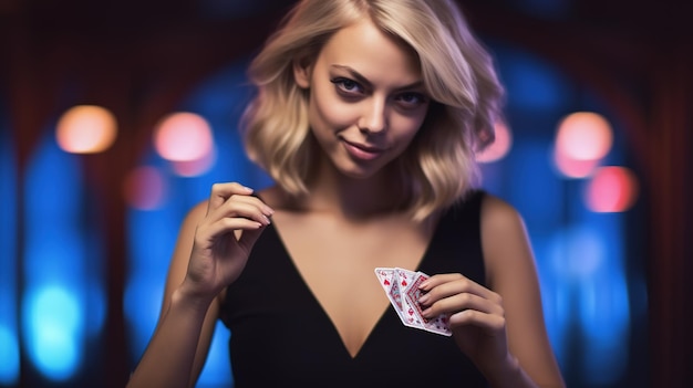 attractive girl in red shiny dress holding joker and queen of hearts cards isolated on black lookin