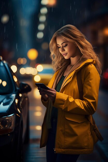 attractive girl walking through the city streets at night