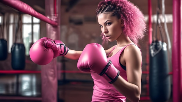 Attractive girl wearing boxing gloves and tight clothes with at practice