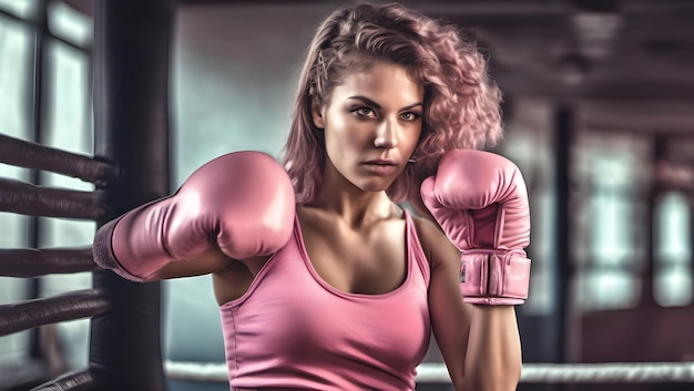 Attractive girl wearing boxing gloves and tight clothes with at practice