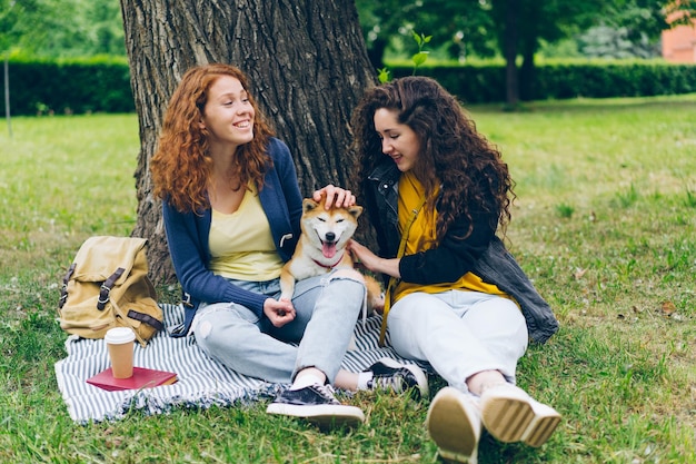 공원의 잔디밭에 앉아 있는 매력적인 소녀들과 재미있는 이야기를 나누는 귀여운 강아지