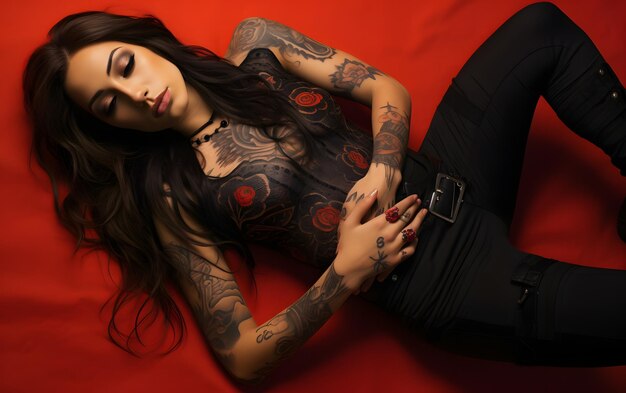 Photo attractive gothic woman with tatoos on all body