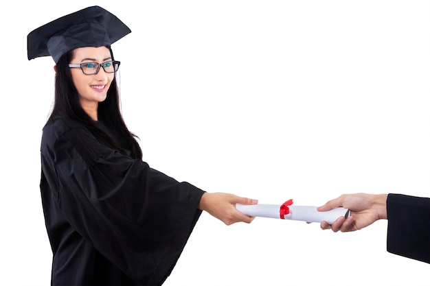 Photo attractive graduate given certificate isolated