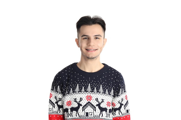 Attractive guy in sweater isolated on white background