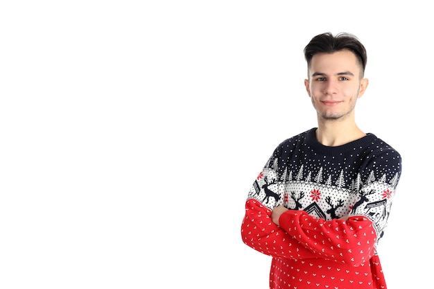 Attractive guy in sweater isolated on white background